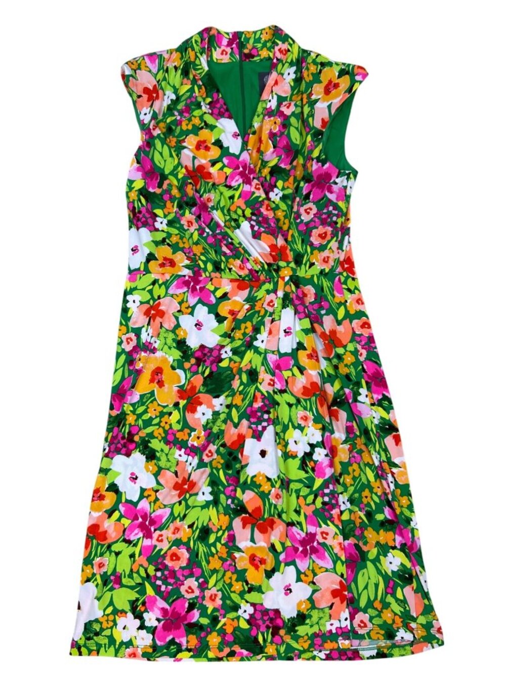 Vince Camuto Faux Wrap Sheath Dress Size 8 Floral Green Pink Spring Summer Boho - Picture 7 of 14